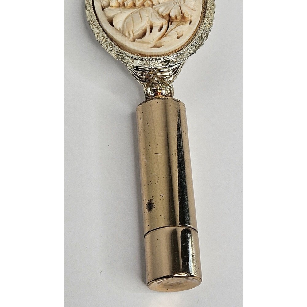 Vintage Lipstick Holder w/ Mirror Flowers Floral Gold Tone Oval - Picture 2 of 7
